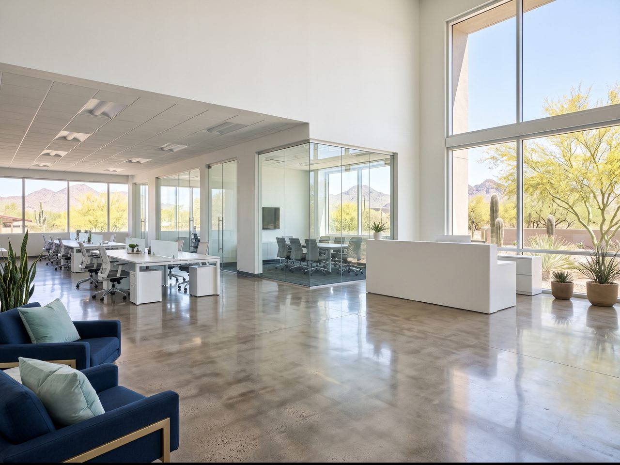 A bright, freshly cleaned modern office with navy lounge chairs, polished floors and a sunny desert mountain view